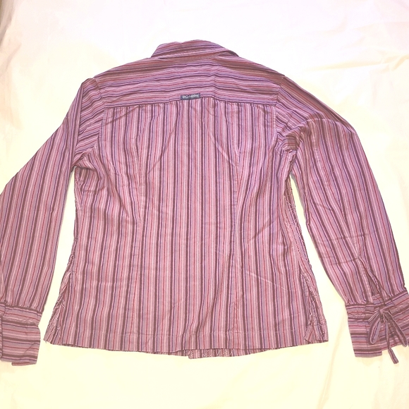 Columbia Purple Striped Button-Down Shirt w/ Floral Embroidery & Tie Sleeves Sm. - Picture 7 of 16